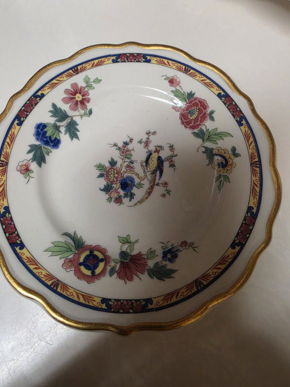Floral Gold-Trim Porcelain Serving Bowl - White with Multicolor Floral Design